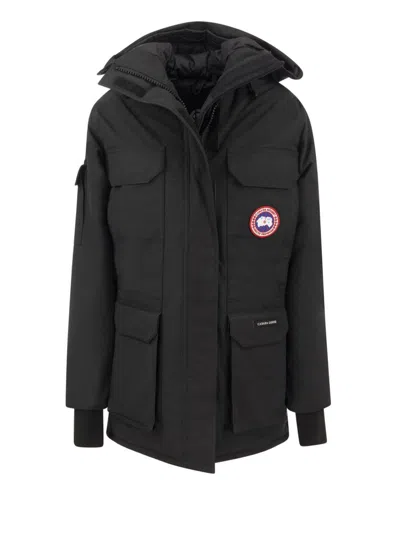 Canada Goose Logo Patch Hooded Coat In Black