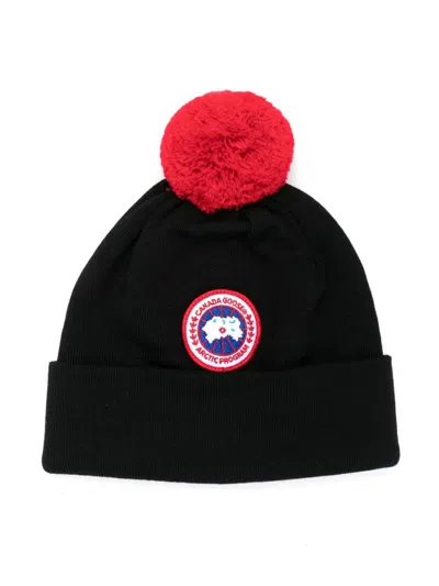 Canada Goose Kids' Logo-patch Pompom Wool Beanie In Black