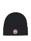 Canada Goose Black Wool Beanie With Contrasting Logo Patch In Black