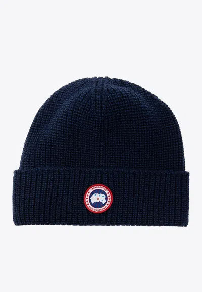 Canada Goose Logo Patch Wool Beanie In Blue