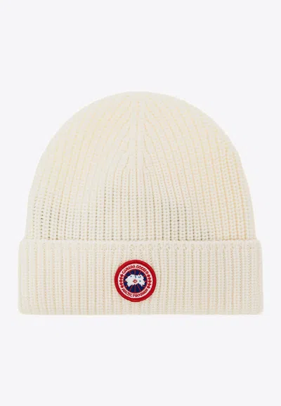 Canada Goose Logo-patch Ribbed-knit Beanie In Cream