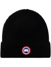 Canada Goose Ribbed Black Merino Wool Toque With Contrast Emblem In Black