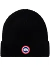 Canada Goose Ribbed Black Merino Wool Toque With Contrast Emblem In Black