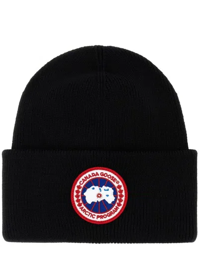 Canada Goose Black Knit Beanie Hat With Embroidered Logo