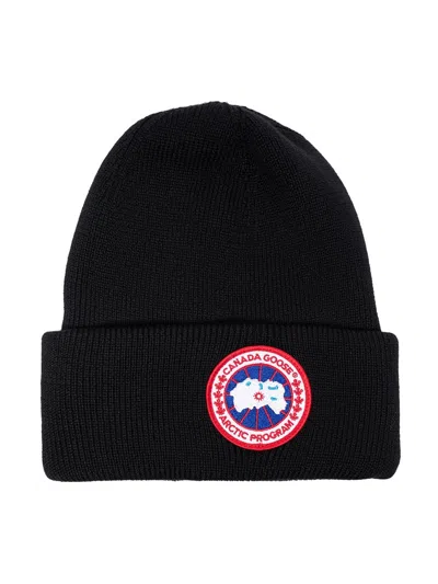 Canada Goose Logo Wool Beanie Hat In Black