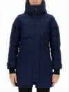 Canada Goose Long Silhouette Padded Coat With High Collar And Hood In Blue