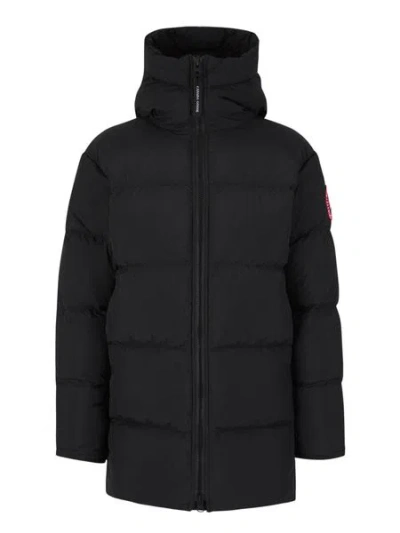 Canada Goose Lawrence Mid-thigh Length Down Jacket With Black Logo In Navy