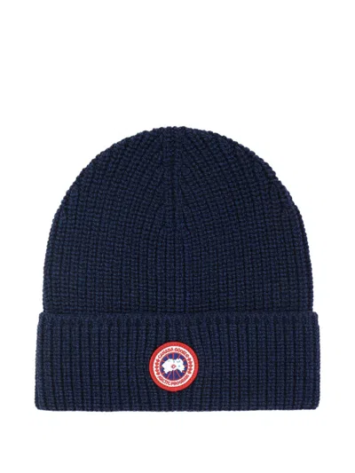 Canada Goose Men Logo Wool Beanie In Blue