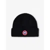 Canada Goose Ribbed Black Merino Wool Toque With Contrast Emblem In Black