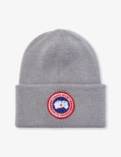 Canada Goose Mens Heather Grey Arctic Disc Ribbed Wool Beanie Hat