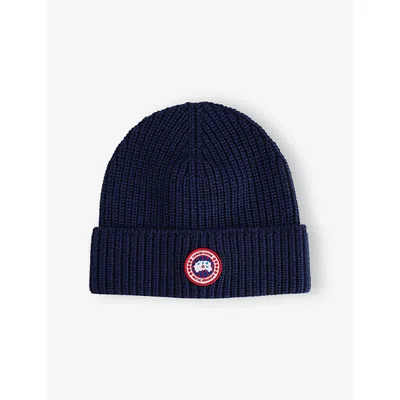 CANADA GOOSE MENS NAVY HEATHER RIBED TOQUE WOOL BEANIE HAT