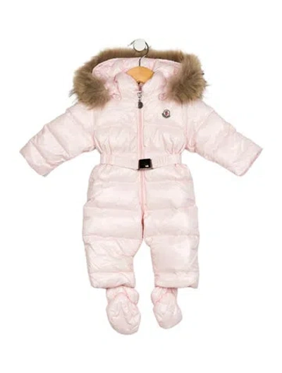 Pre-owned Canada Goose Babies' Pink One Piece Suit With Fur Trim Lined Hood And Zip Closure