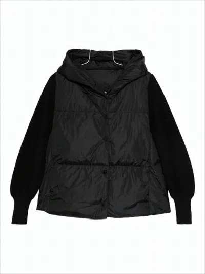 CANADA GOOSE PUFFER JACKET WITH CONTRASTING KNIT SLEEVES AND HOOD