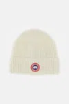 Canada Goose Ribbed Wool Beanie With Contrasting Logo Patch In White