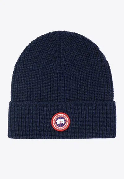 Canada Goose Rib Toque Logo Patch Beanie In Blue