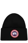 Canada Goose Ribbed Black Merino Wool Toque With Contrast Emblem In Blue
