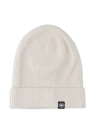 Canada Goose Ribbed Cotton Beanie Hat In White