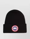 Canada Goose Ribbed Black Merino Wool Toque With Contrast Emblem In Black