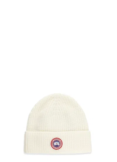 Canada Goose Ribbed Wool Beanie With Contrasting Logo Patch In White