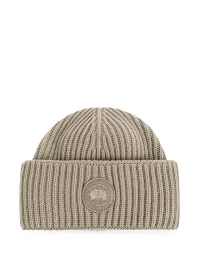 Canada Goose Ribbed-knit Logo-patch Beanie Hat In Neutral