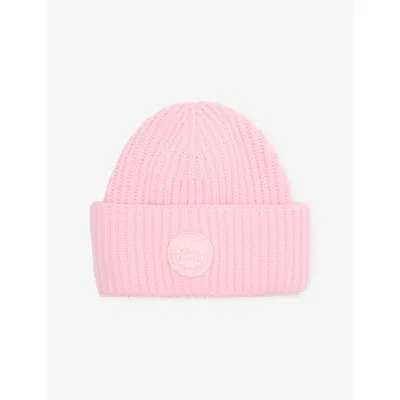 Canada Goose Womens Double Fold Toque Logo-patch Wool-cashmere Blend Beanie Hat Bloom Pink