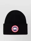 Canada Goose Ribbed Black Merino Wool Toque With Contrast Emblem In Black