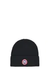 Canada Goose Black Wool Beanie With Contrasting Logo Patch In Black