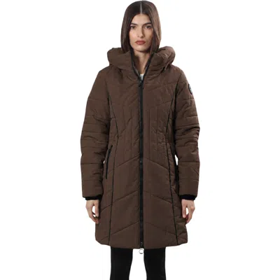 Canada Weather Gear Long Puffer Jacket With Faux Fur Trim In Brown