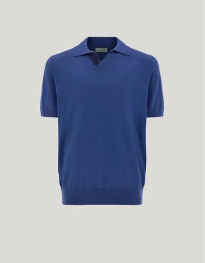 Canali Air Force Blue Polo Shirt In Cotton Modal With Leather Details