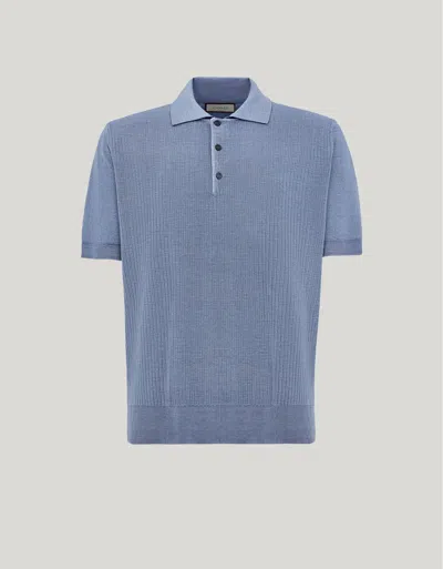 Canali Air Force Blue Wool And Silk Flat-rib Polo Shirt In Animal Print