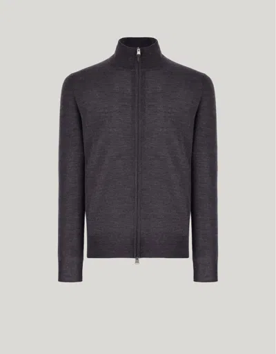 Canali Anthracite Mélange Merino Wool Travel Cardigan With Zipper In Gray