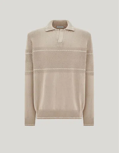 Canali Beige Long-sleeved Cotton Polo Shirt With Contrasting Stitching In Neutral