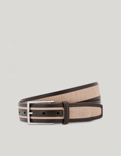 Canali Beige Raffia Belt With Contrasting Leather Trim And Edge In Brown