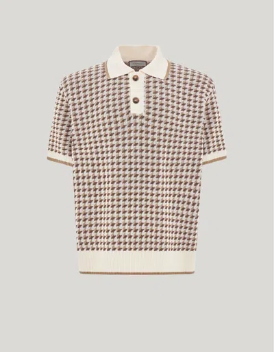 Canali Beige Short-sleeved Linen And Silk Jacquard Polo Shirt With Houndstooth Pattern In Multi