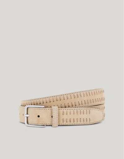 Canali Beige Suede Belt With Decorative Vertical Topstitching In Neutral