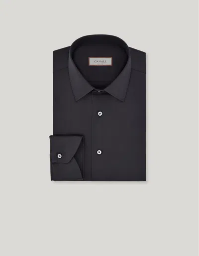 Canali Black Shirt In Stretch Cotton Blend With Pointed Collar