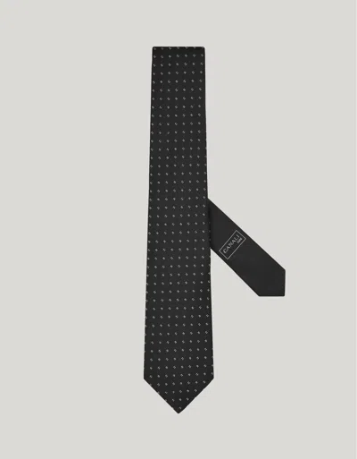 Canali Black Silk Tie, Pattern And Logo Jacquard With Gold Thread