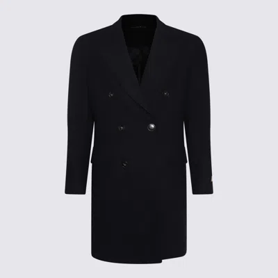 Canali Black Wool Coat In Multicolor