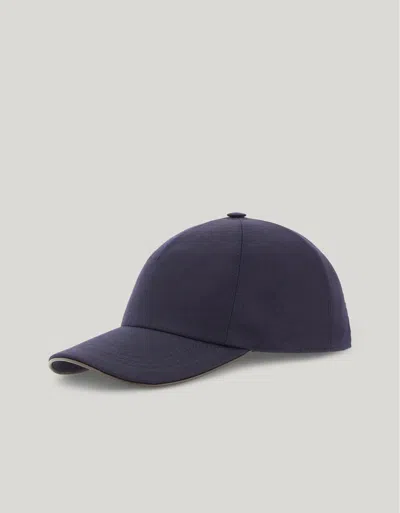 Canali Blue Baseball Cap In A Wool And Linen Blend With Nappa Leather Details