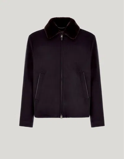 Canali Blue Cashmere Jacket With Membrane And Leather Details In Black