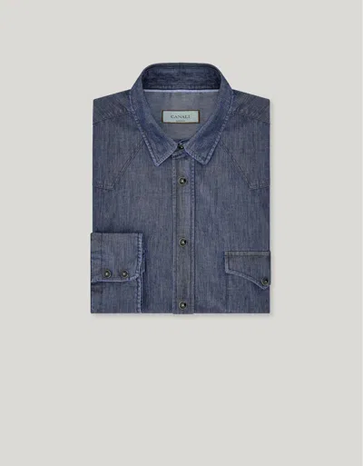 Canali Blue Casual Silk And Cotton Shirt With Western Pockets