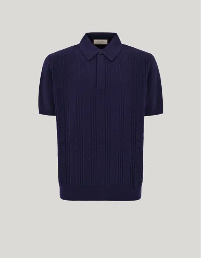 Canali Blue Cotton And Modal Polo Shirt With Vertical Workmanship