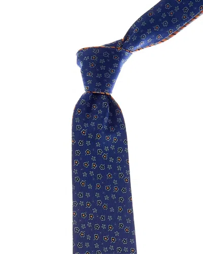 Canali Blue Floral/orange Stripes Reversible Silk Tie