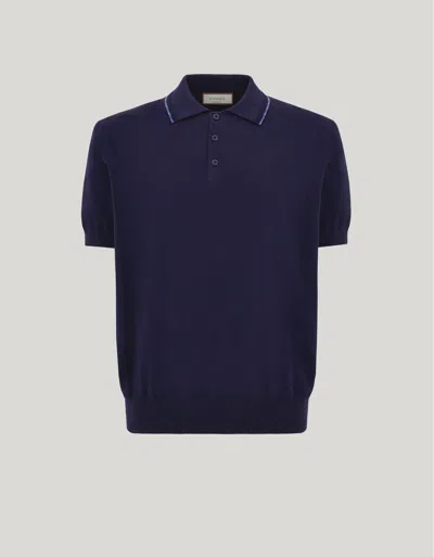 Canali Blue Garment-dyed Giza Cotton Polo Shirt With Contrasting Piping