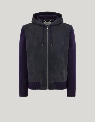 Canali Blue Lambskin Bomber Jacket With Hood