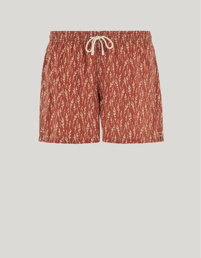 Canali Brick Swim Shorts With Botanical Print In Technical Fabric In Red
