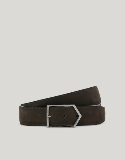 Canali Brown And Brianza Green Suede And Nappa Leather Belt With Shiny Arrow Buckle