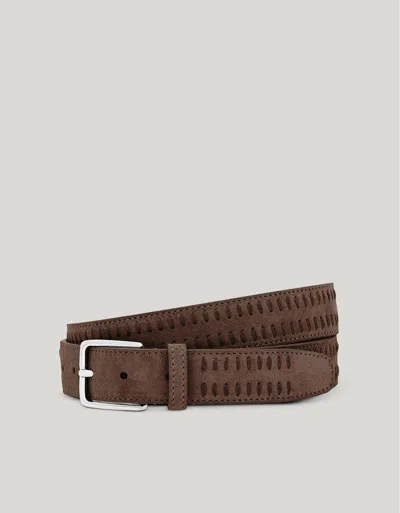 Canali Brown Suede Belt With Decorative Vertical Topstitching