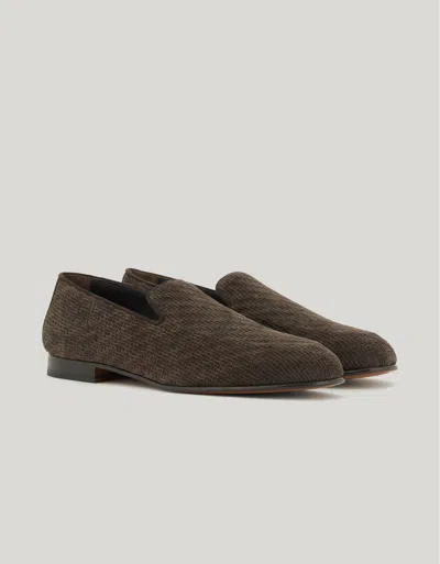 Canali Brown Woven Suede Slip-ons With Leather And Rubber Sole
