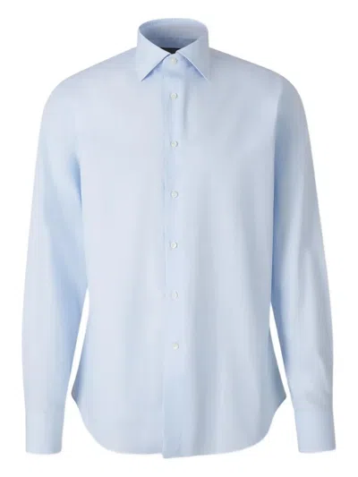 Canali Micro-patterned Long-sleeved Shirt In Blue